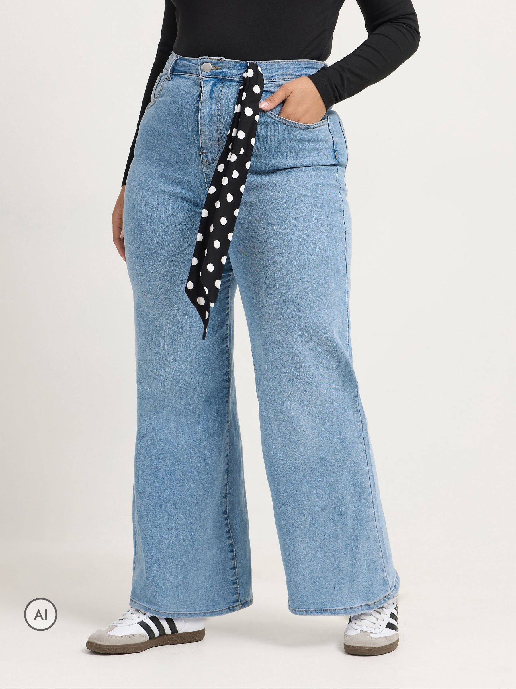 Yours Women's Blue Polka Dot Scarf Wide Leg Jeans In | Size: 12 - Image 3