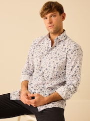 White/Blue Floral Printed Trimmed Shirt - Image 1 of 6