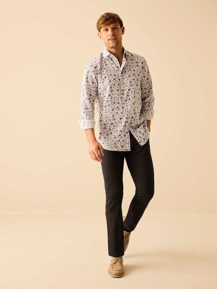 White/Blue Floral Printed Trimmed Shirt - Image 2 of 6
