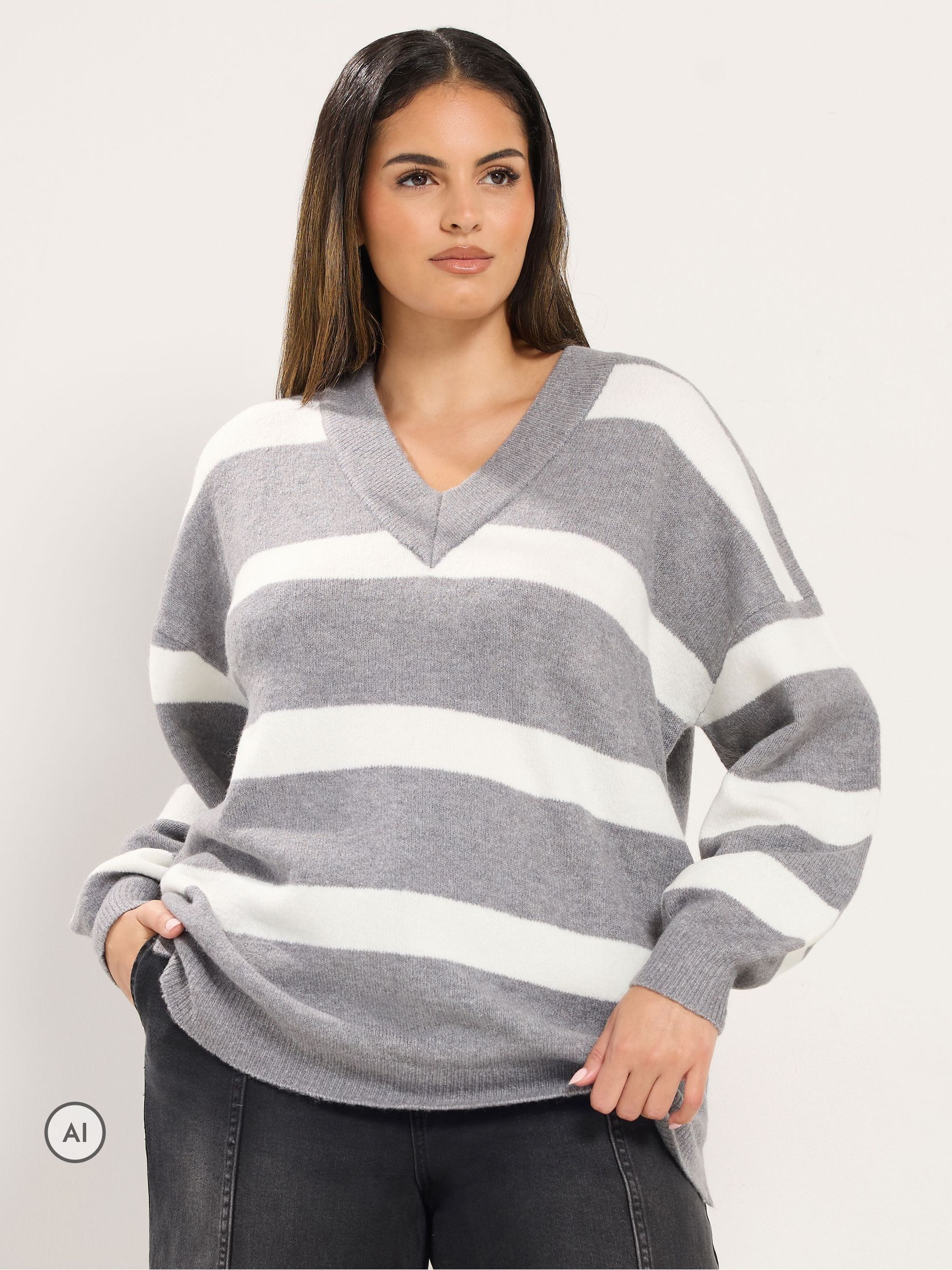 Yours Women's Stripe Knitted Jumper in Grey | Size: 30-32 - Image 6