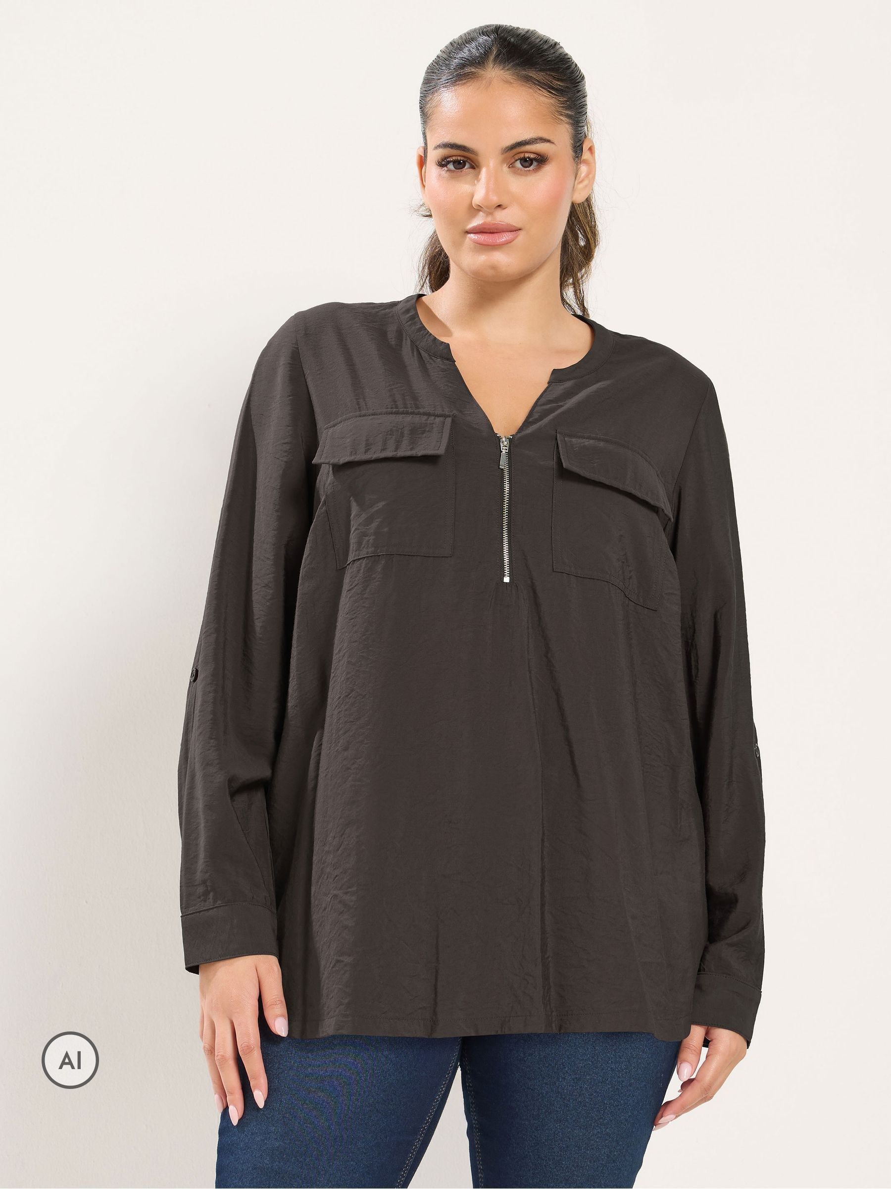 Yours Womens Curve Zip Notch Neck Blouse, Brown, Size 34-36, Women - Image 3