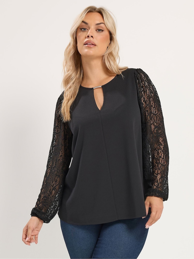 Yours Curve Black Lace Sleeve Blouse - Image 1 of 6 Yours Curve Black Lace Sleeve Blouse - Image 1 of 6