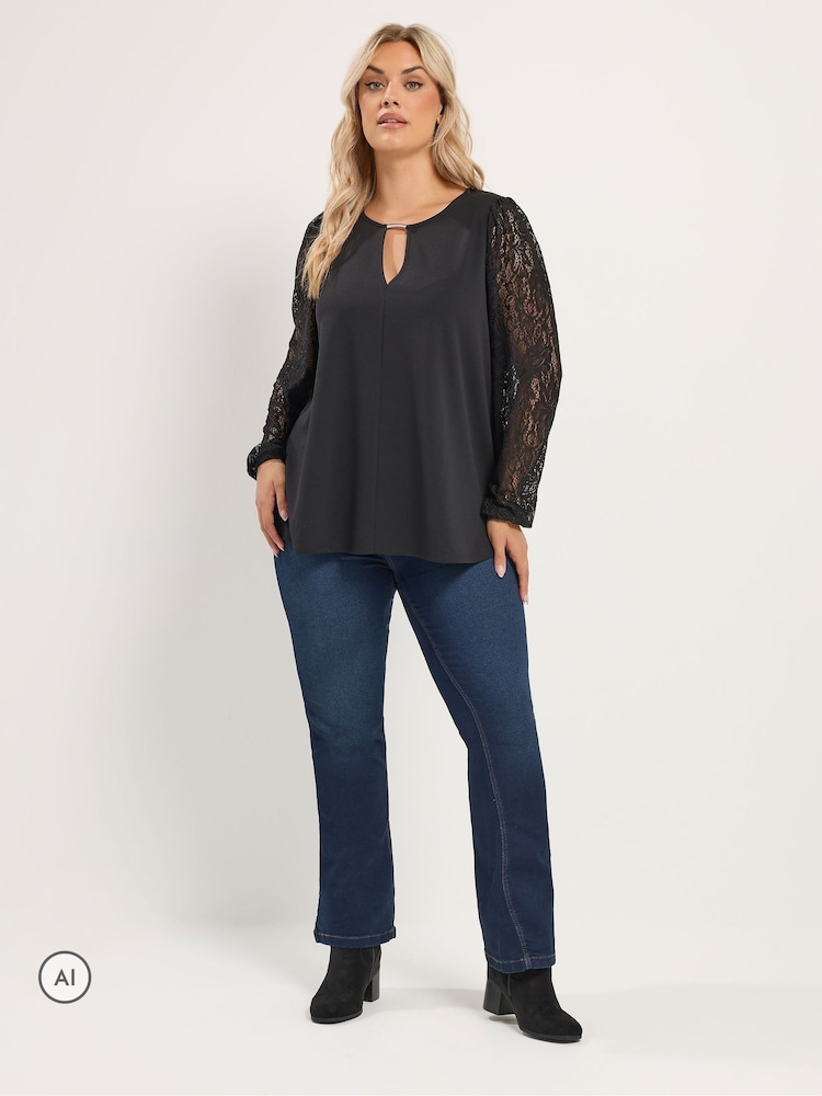 Yours Curve Black Lace Sleeve Blouse - Image 2 of 6 Yours Curve Black Lace Sleeve Blouse - Image 2 of 6