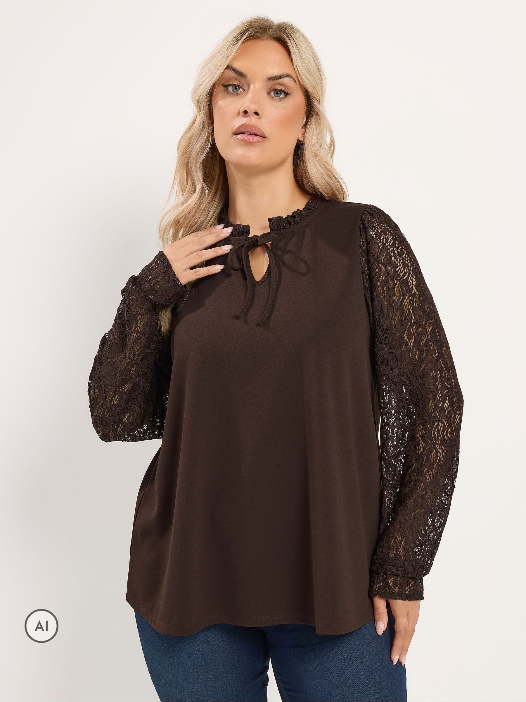 Yours Women's Dark Brown Lace Tie Front Top In | Size: 30/32 - Image 6