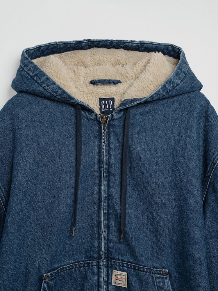 Gap Medium Wash Relaxed Sherpa-Lined Denim Zip-Up Hooded Jacket - Image 6 of 6 Gap Medium Wash Relaxed Sherpa-Lined Denim Zip-Up Hooded Jacket - Image 6 of 6