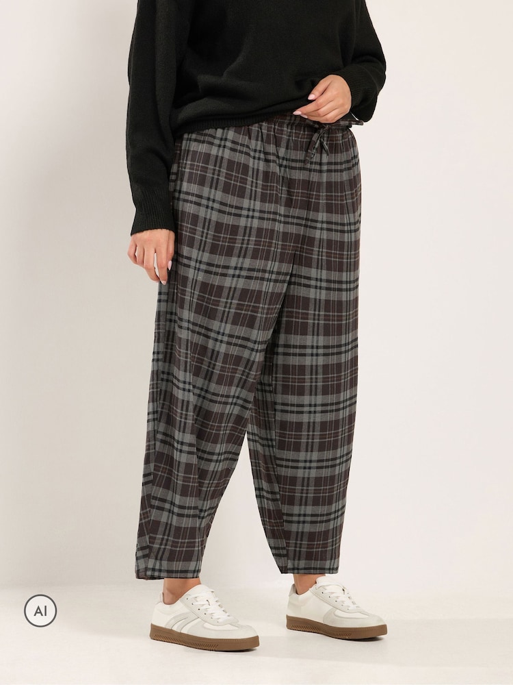 Yours Curve Grey Checked Barrel Trousers - Image 1 of 6