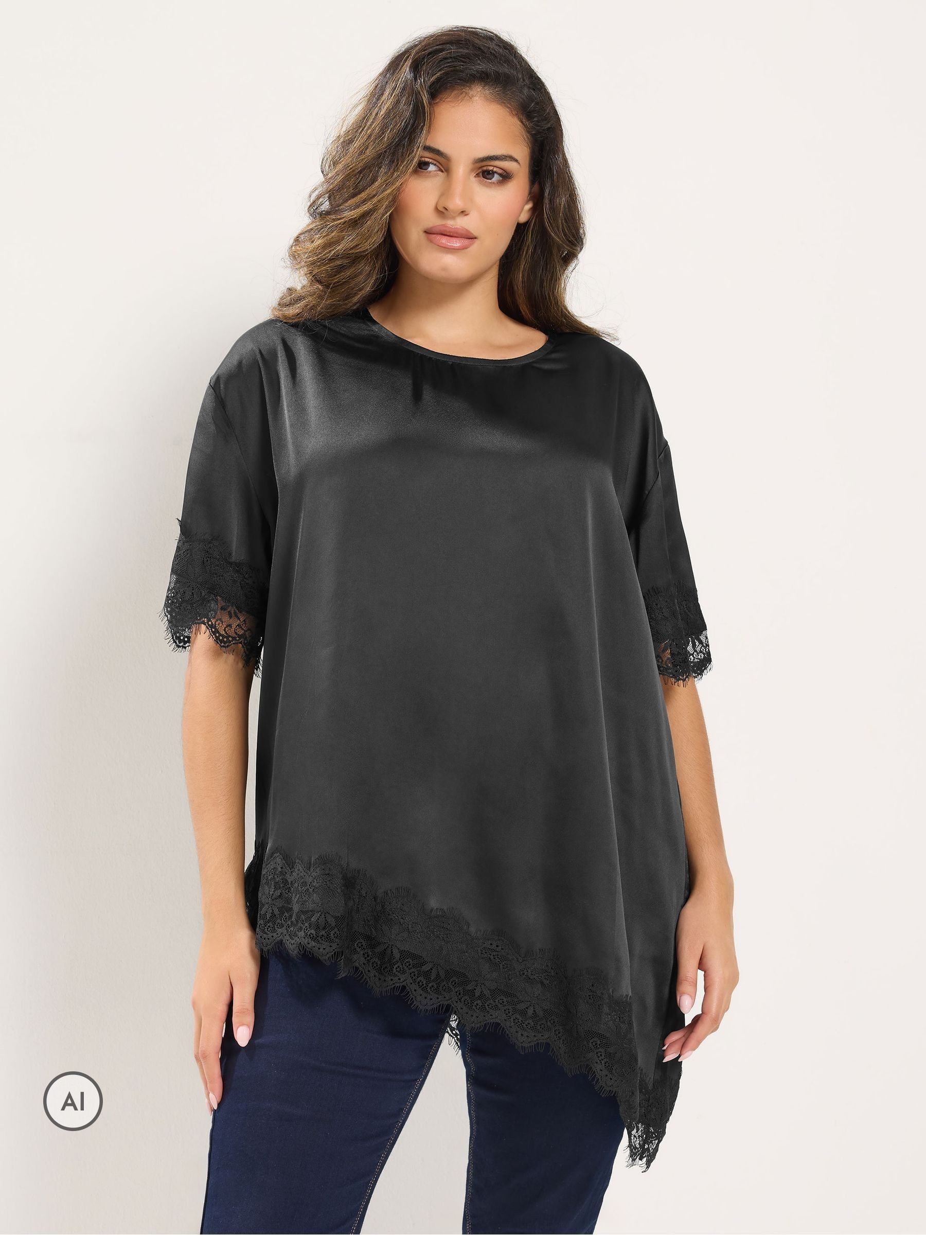 Yours Women's Black Asymmetric Lace Hem Top In Size 30-32 - Image 6