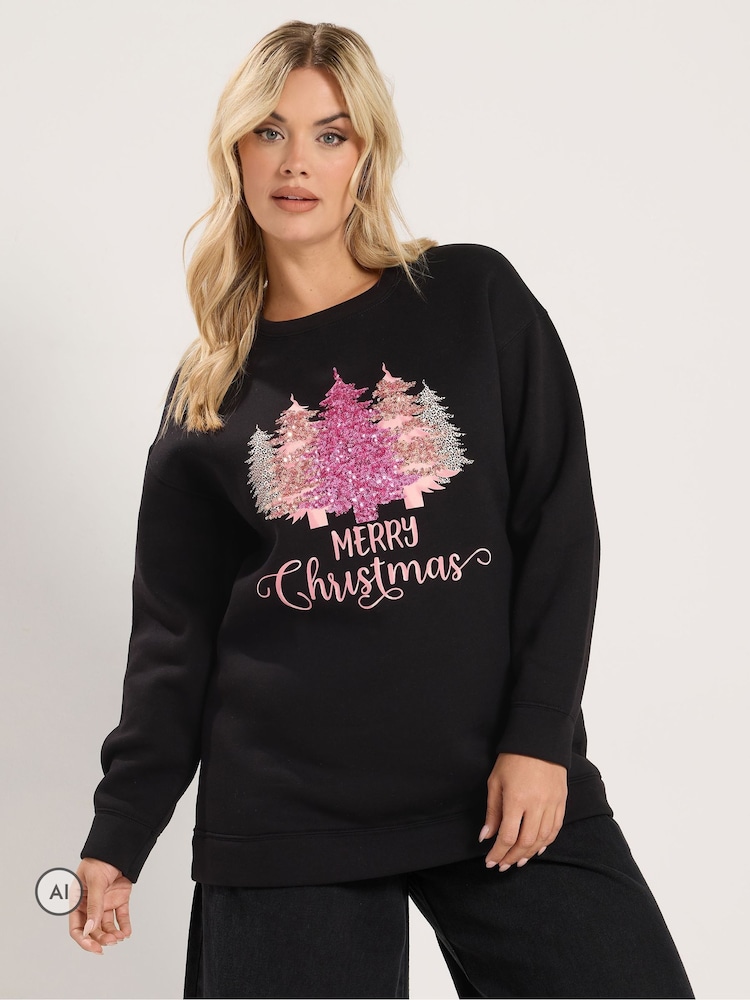 سويت شيرت مبتكر برسمة شجرة مرصَّعة بالترتر وعبارة "Merry Christmas" من Yours Curve - صورة 1 من 6