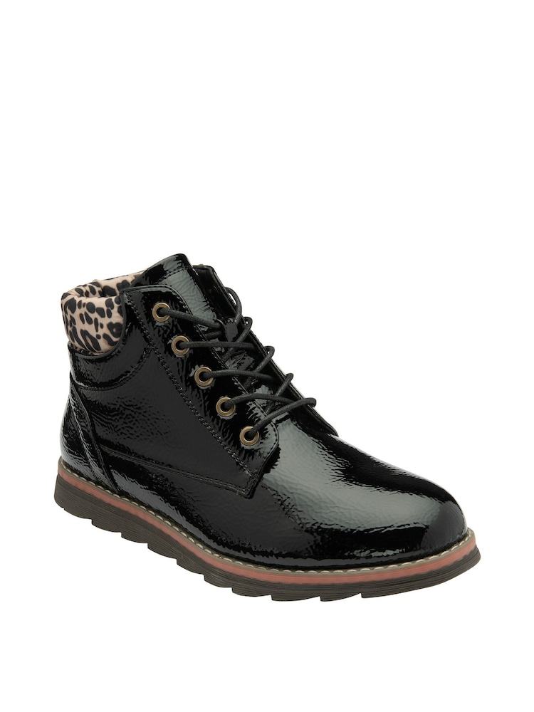 Lotus Black Patent Lace-Up Ankle Boots - Image 1 of 4