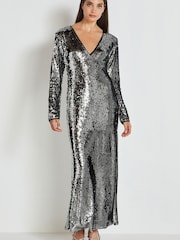 Dark Silver Long Sleeve Plunge Neck Sequin Maxi Dress - Image 2 of 6