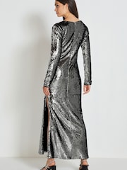 Dark Silver Long Sleeve Plunge Neck Sequin Maxi Dress - Image 4 of 6