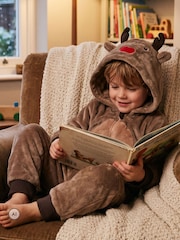 Harry Bear Reindeer Novelty Super Soft Fleece Onesie With 3D Antler and Ears - صورة 1 من 10