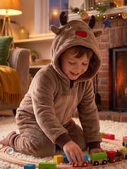 Harry Bear Reindeer Novelty Super Soft Fleece Onesie With 3D Antler and Ears - صورة 3 من 10