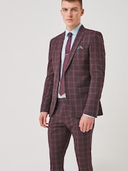 Burgundy Red Skinny Fit Trimmed Check Suit: Jacket - Image 1 of 7