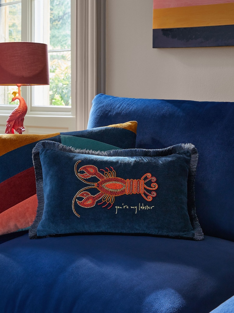 Navy Blue Beaded Lobster 100% Cotton Rectangular Cushion - Image 1 of 7