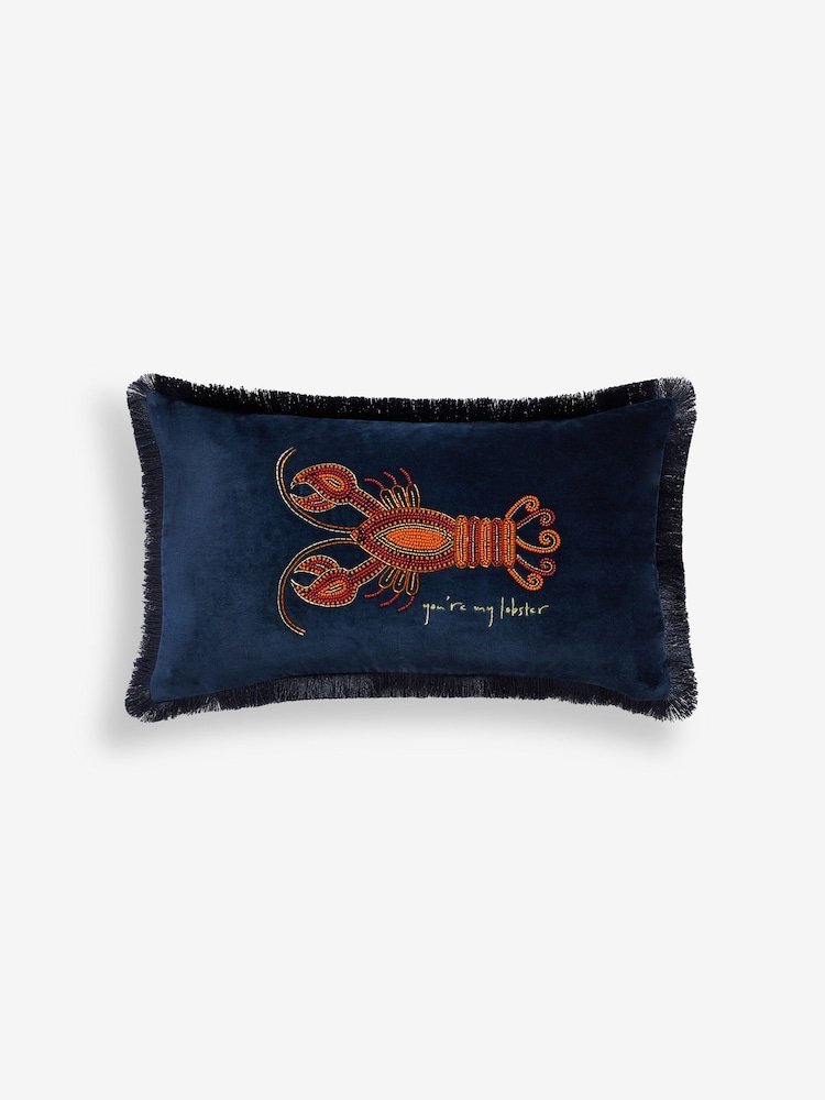 Navy Blue Beaded Lobster 100% Cotton Rectangular Cushion - Image 6 of 7