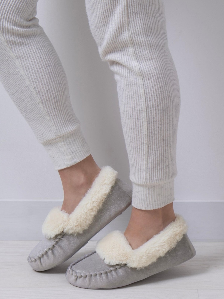Totes Grey Ladies Sparkle Moccasin Slippers - Image 1 of 4