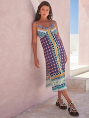 Blue Scarf Print Print Midi Strappy Summer Slip Dress - Image 1 of 5