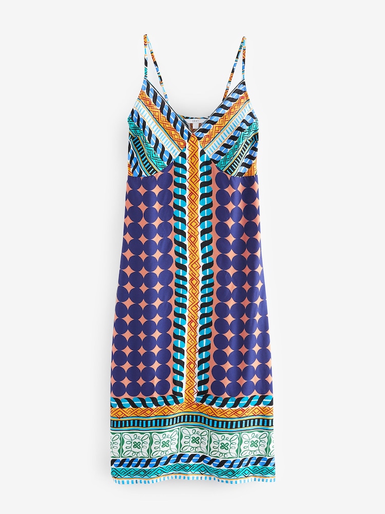 Blue Scarf Print Print Midi Strappy Summer Slip Dress - Image 4 of 5