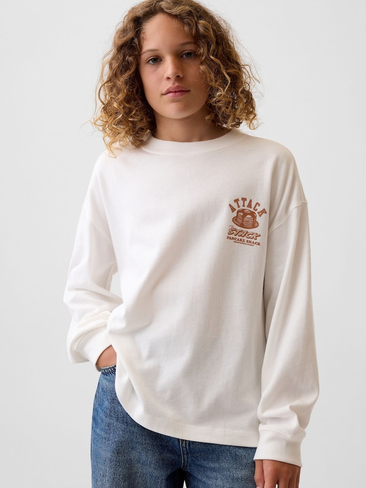 Gap White Pancake Heavyweight Oversized Graphic Long Sleeve T-Shirt (4-13yrs) - Image 1 of 5 Gap White Pancake Heavyweight Oversized Graphic Long Sleeve T-Shirt (4-13yrs) - Image 1 of 5