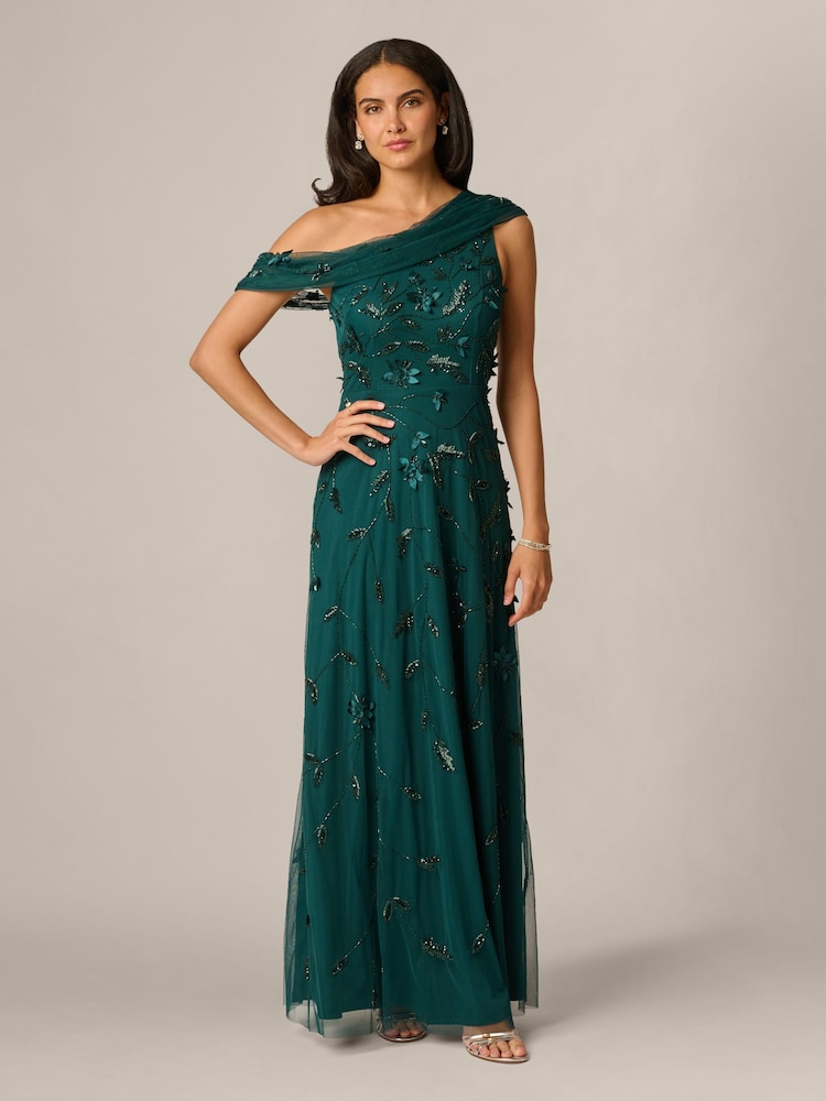 Adrianna Papell Green Bead Asymmetric Mesh Dress - Image 1 of 6 Adrianna Papell Green Bead Asymmetric Mesh Dress - Image 1 of 6