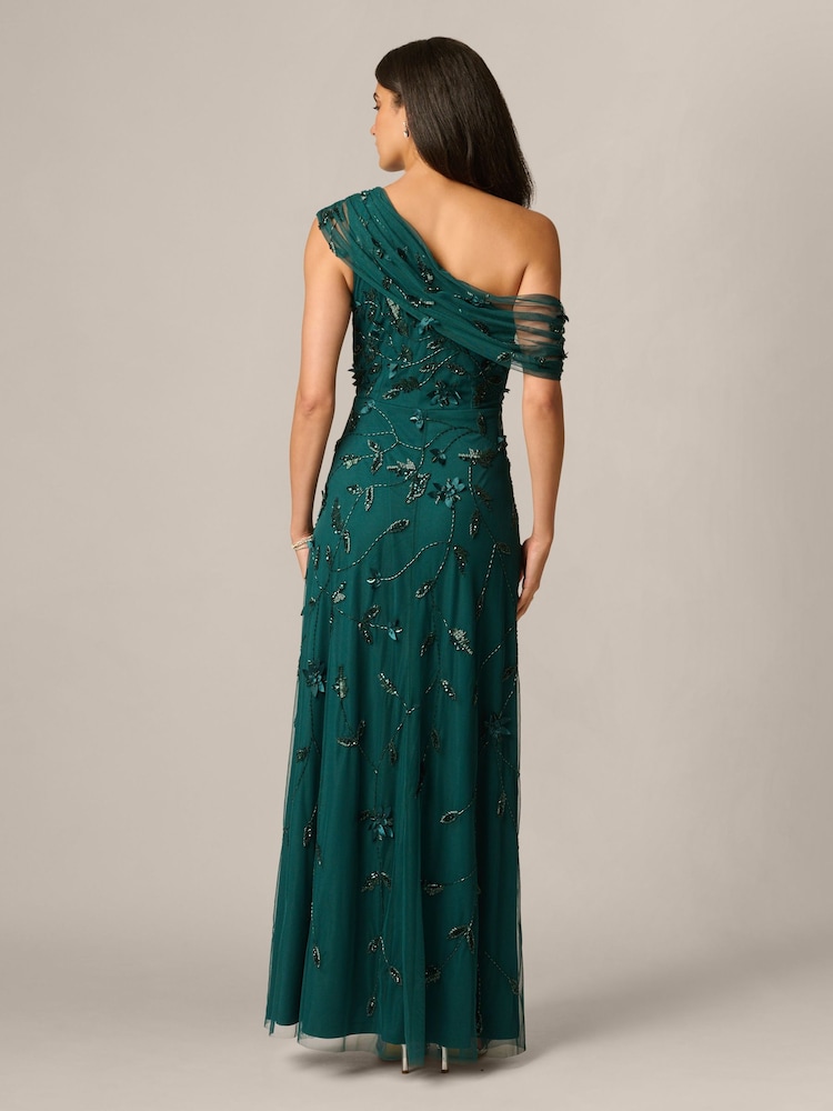 Adrianna Papell Green Bead Asymmetric Mesh Dress - Image 2 of 6 Adrianna Papell Green Bead Asymmetric Mesh Dress - Image 2 of 6