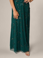 Adrianna Papell Green Bead Asymmetric Mesh Dress - Image 3 of 6