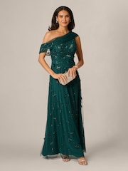 Adrianna Papell Green Bead Asymmetric Mesh Dress - Image 5 of 6