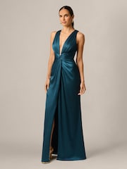 Adrianna Papell Blue Crinkle Satin Long Dress - Image 1 of 6