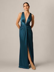 Adrianna Papell Blue Crinkle Satin Long Dress - Image 5 of 6