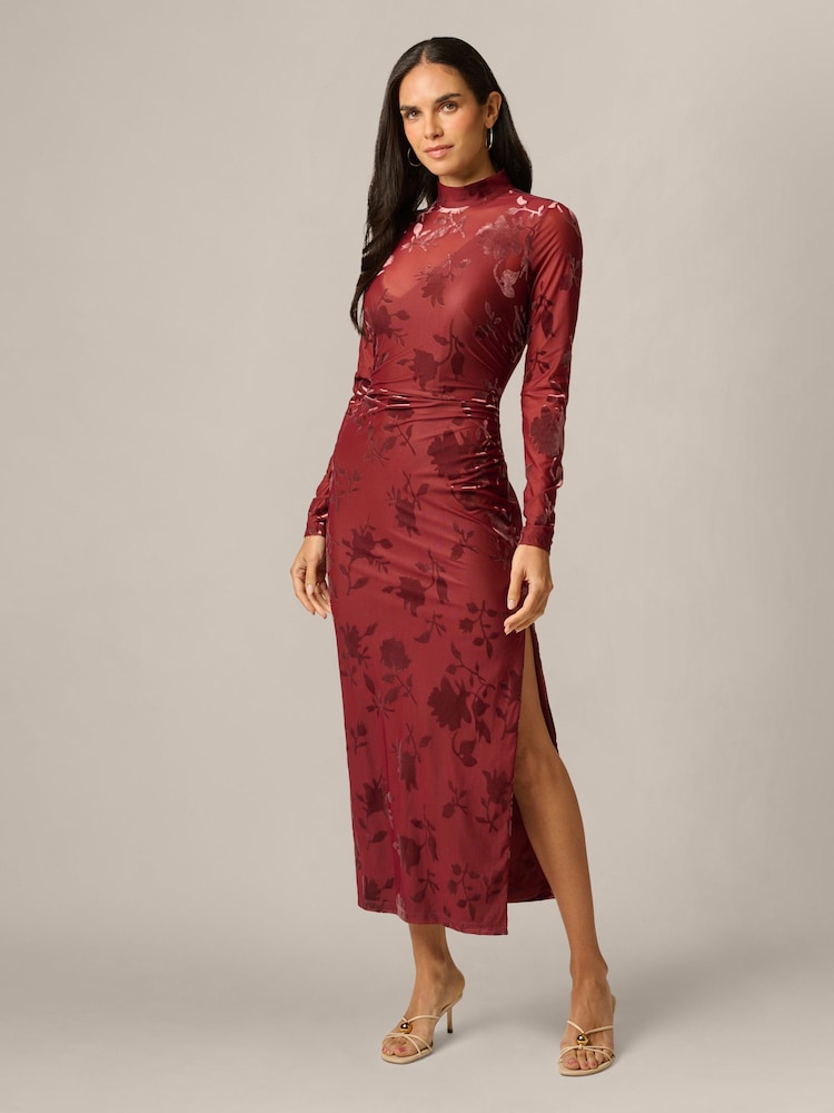 Adrianna Papell Brown Velvet Burnout Midi Dress - Image 1 of 6 Adrianna Papell Brown Velvet Burnout Midi Dress - Image 1 of 6