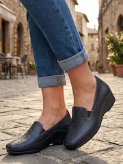 Pavers Navy Blue Leather Wedge Loafers - Image 1 of 6