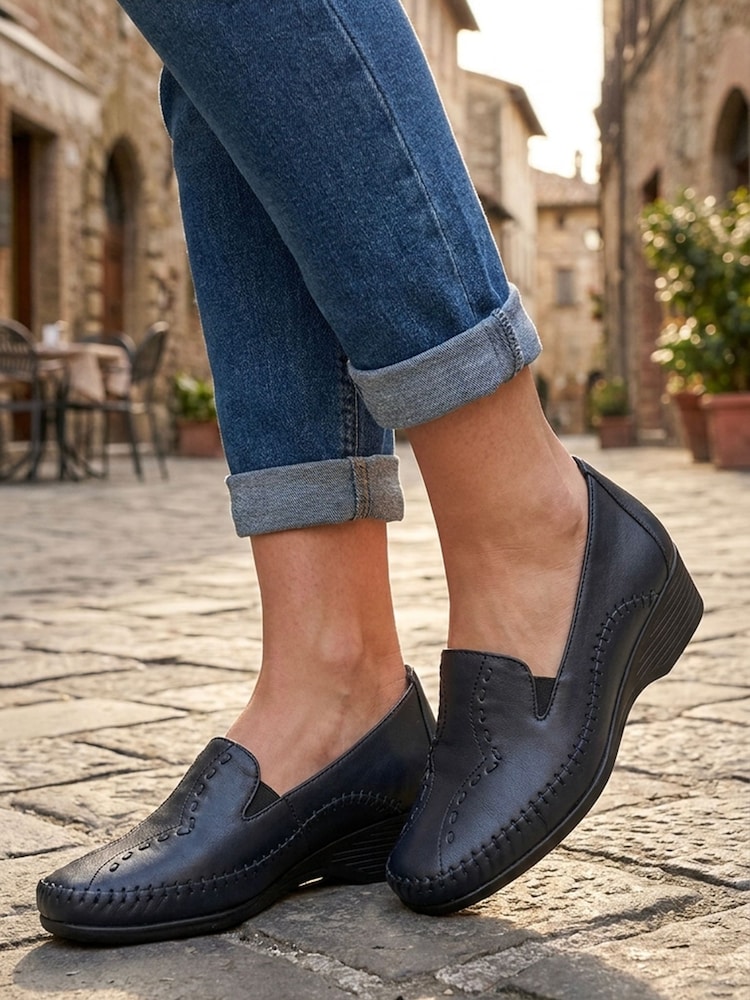 Pavers Navy Blue Leather Wedge Loafers - Image 1 of 6 Pavers Navy Blue Leather Wedge Loafers - Image 1 of 6
