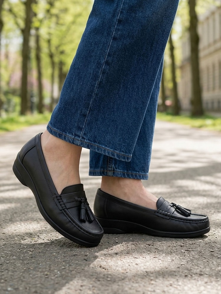 Pavers Black Smart Leather Tasselled Moccasins - Image 1 of 6