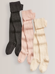 Charcoal Grey/Pink/Cream 3 Pack Cotton Rich Cable Tights - Image 1 of 4