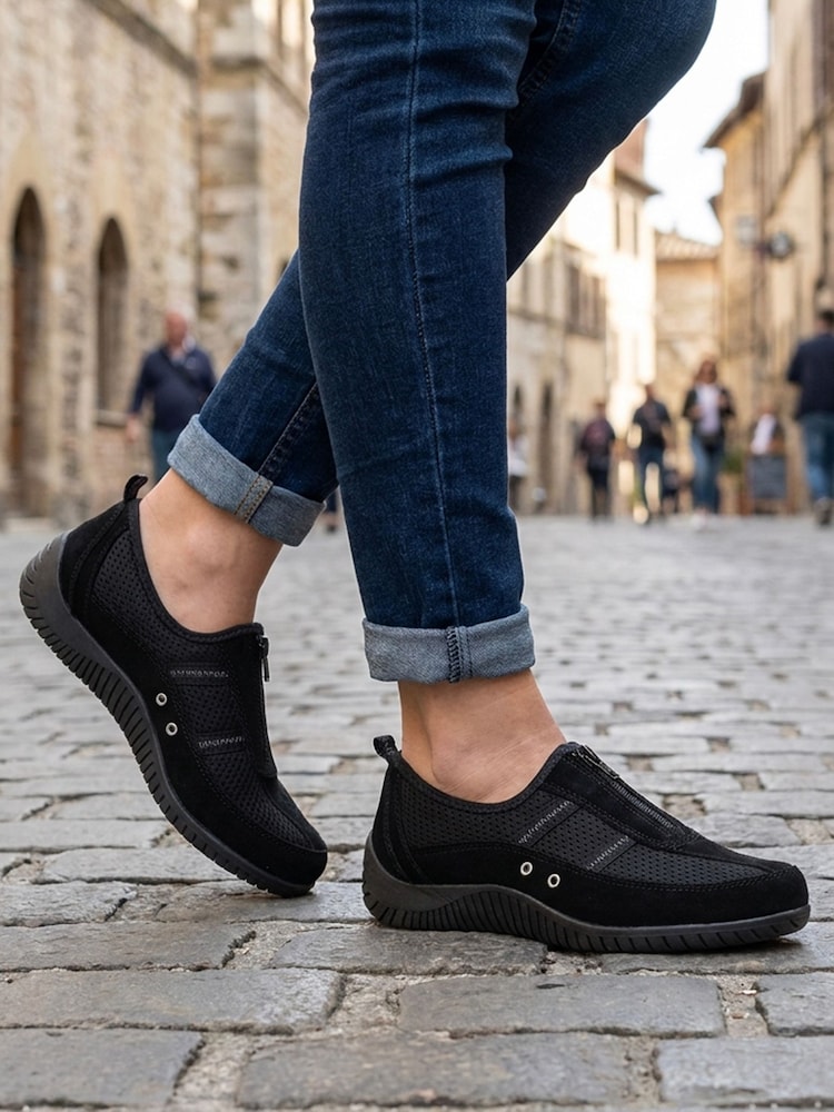 Pavers Black Memory Foam Leather Slip On Trainers - Image 1 of 6