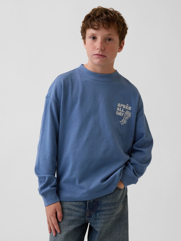 Gap Blue Skiing Heavyweight Oversized Graphic Long Sleeve T-Shirt (4-13yrs) - Image 1 of 5 Gap Blue Skiing Heavyweight Oversized Graphic Long Sleeve T-Shirt (4-13yrs) - Image 1 of 5