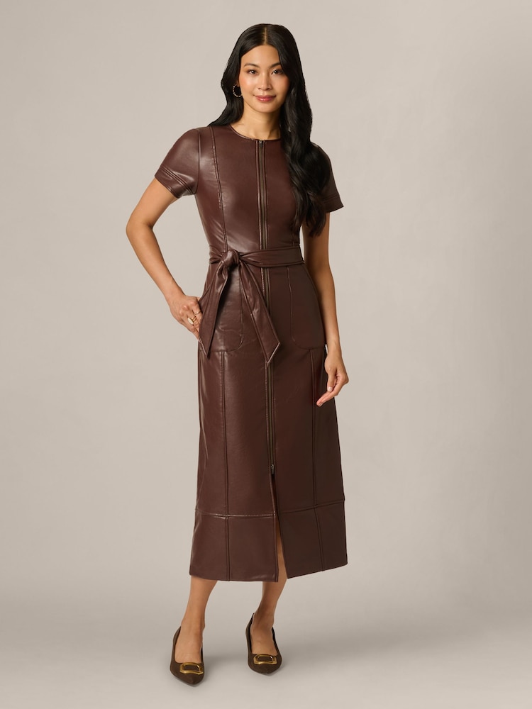 Adrianna Papell Brown Leather Zip Front Dress - Image 1 of 6