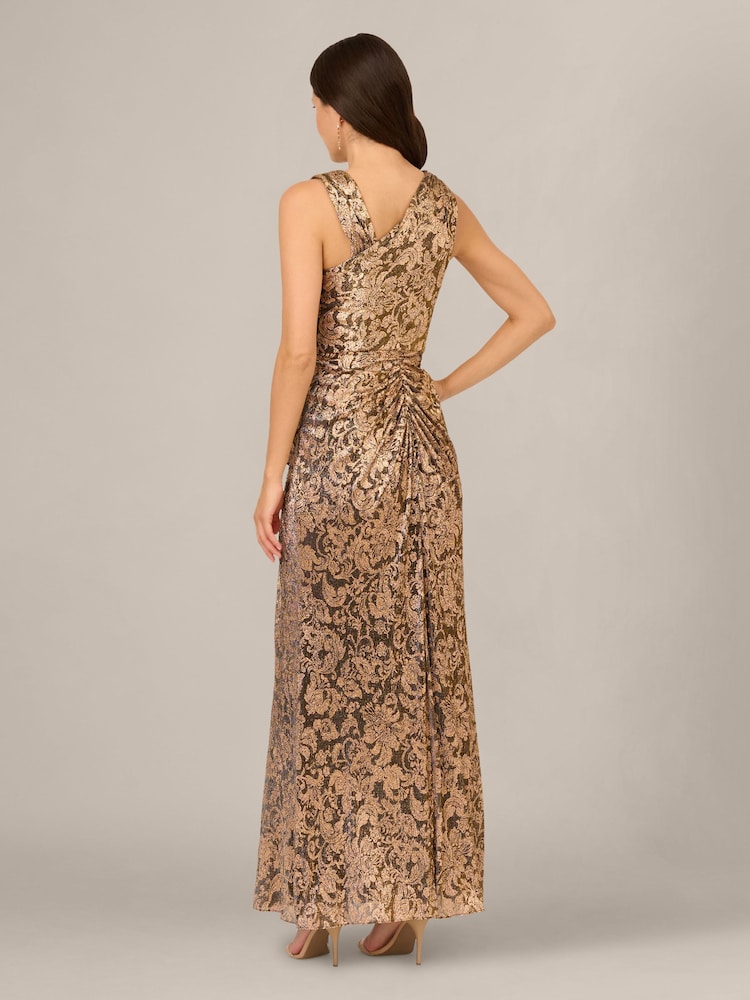 Adrianna Papell Brown Petite Metallic Crinkle Long Dress - Image 2 of 6 Adrianna Papell Brown Petite Metallic Crinkle Long Dress - Image 2 of 6