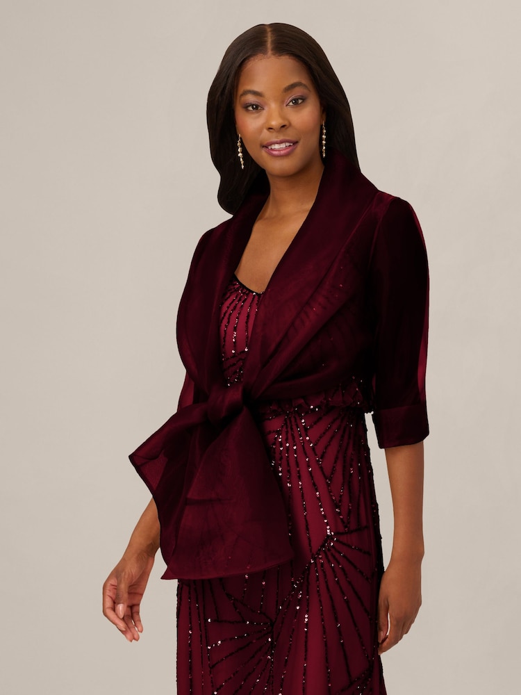 Adrianna Papell Red Short Sleeve Organza Wrap Jacket - Image 1 of 6 Adrianna Papell Red Short Sleeve Organza Wrap Jacket - Image 1 of 6