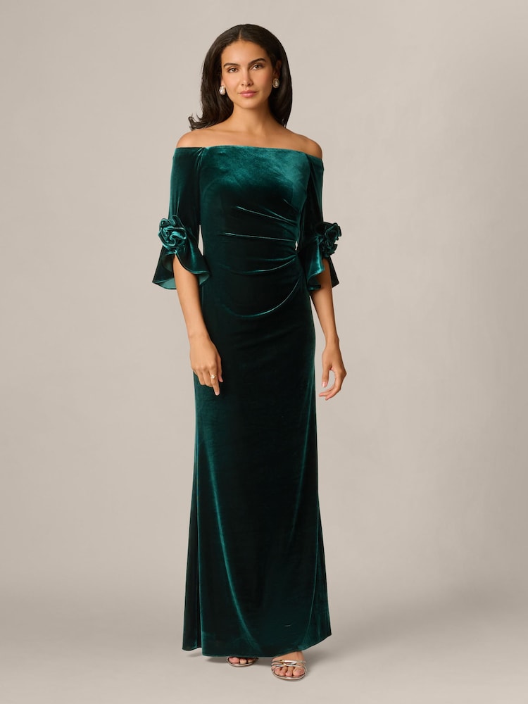 Adrianna Papell Green Off Shoulder Velvet Gown - Image 1 of 6 Adrianna Papell Green Off Shoulder Velvet Gown - Image 1 of 6
