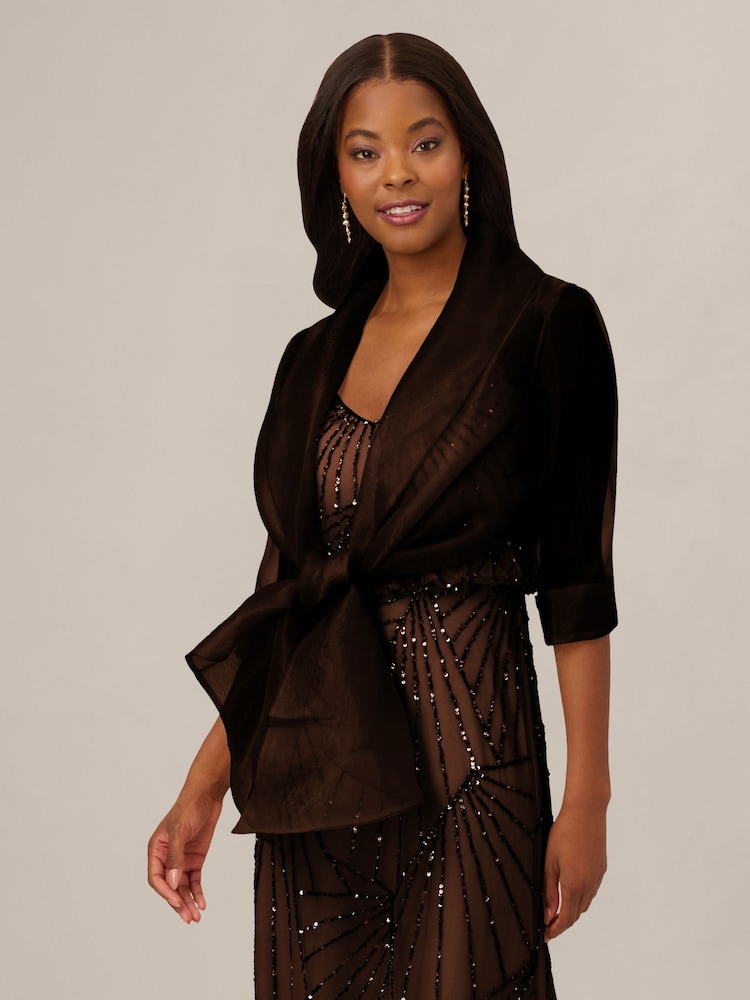 Adrianna Papell Brown Short Sleeve Organza Wrap Jacket - Image 1 of 6 Adrianna Papell Brown Short Sleeve Organza Wrap Jacket - Image 1 of 6