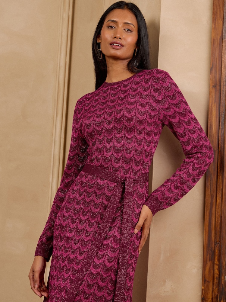 Love & Roses Pink Petite Striped Sparkle Detail Crew Neck Knitted Midi Dress - Image 2 of 4