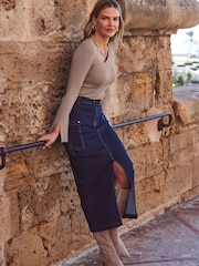 Sosandar Blue Denim Pocket Detail Midi Skirt - Image 3 of 6