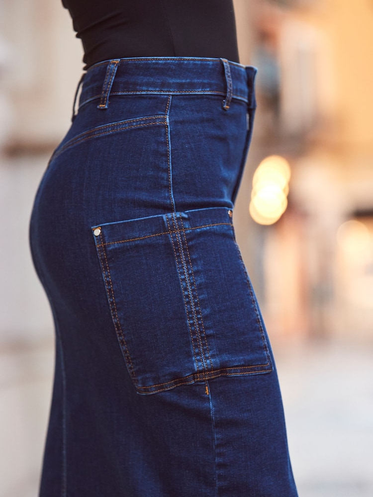 Sosandar Blue Denim Pocket Detail Midi Skirt - Image 6 of 6