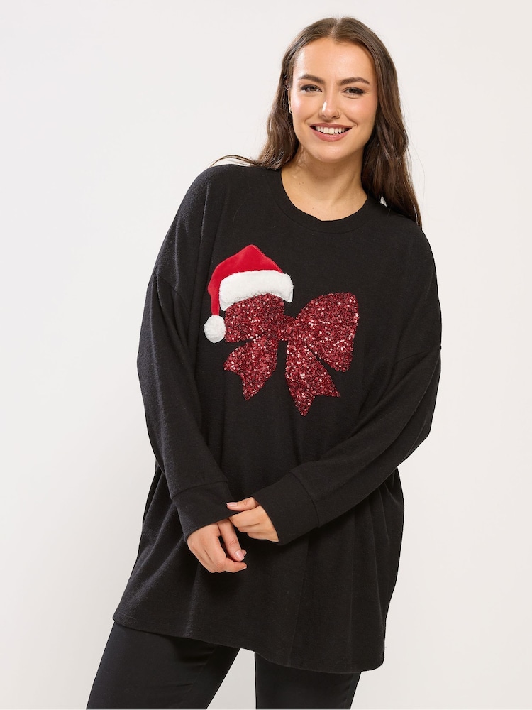 Yours Curve Sequin Bow Novelty Christmas Sweatshirt - Bild 1 von 5