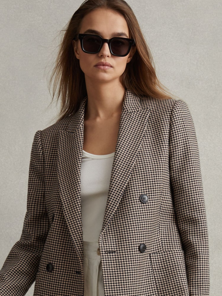Reiss Black/Camel Ella Petite Wool Blend Double Breasted Dogtooth Blazer - Image 1 of 6