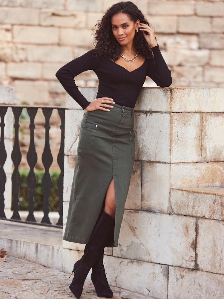 Sosandar Green Denim Pocket Detail Midi Skirt - Image 1 of 6