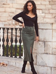 Sosandar Green Denim Pocket Detail Midi Skirt - Image 3 of 6