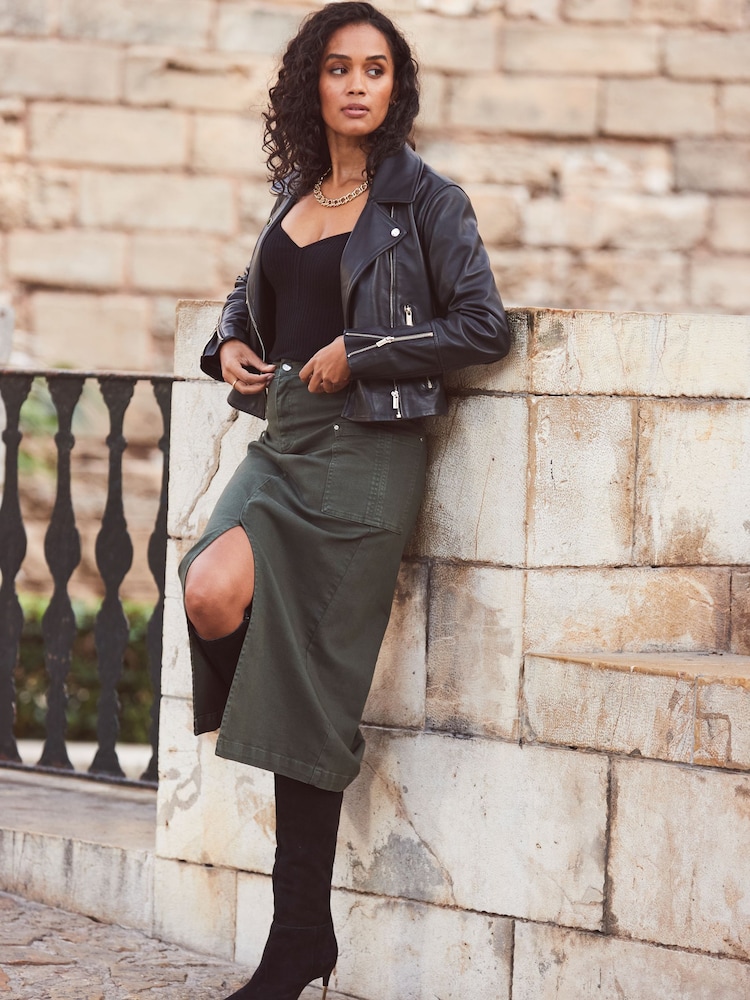 Sosandar Green Denim Pocket Detail Midi Skirt - Image 6 of 6